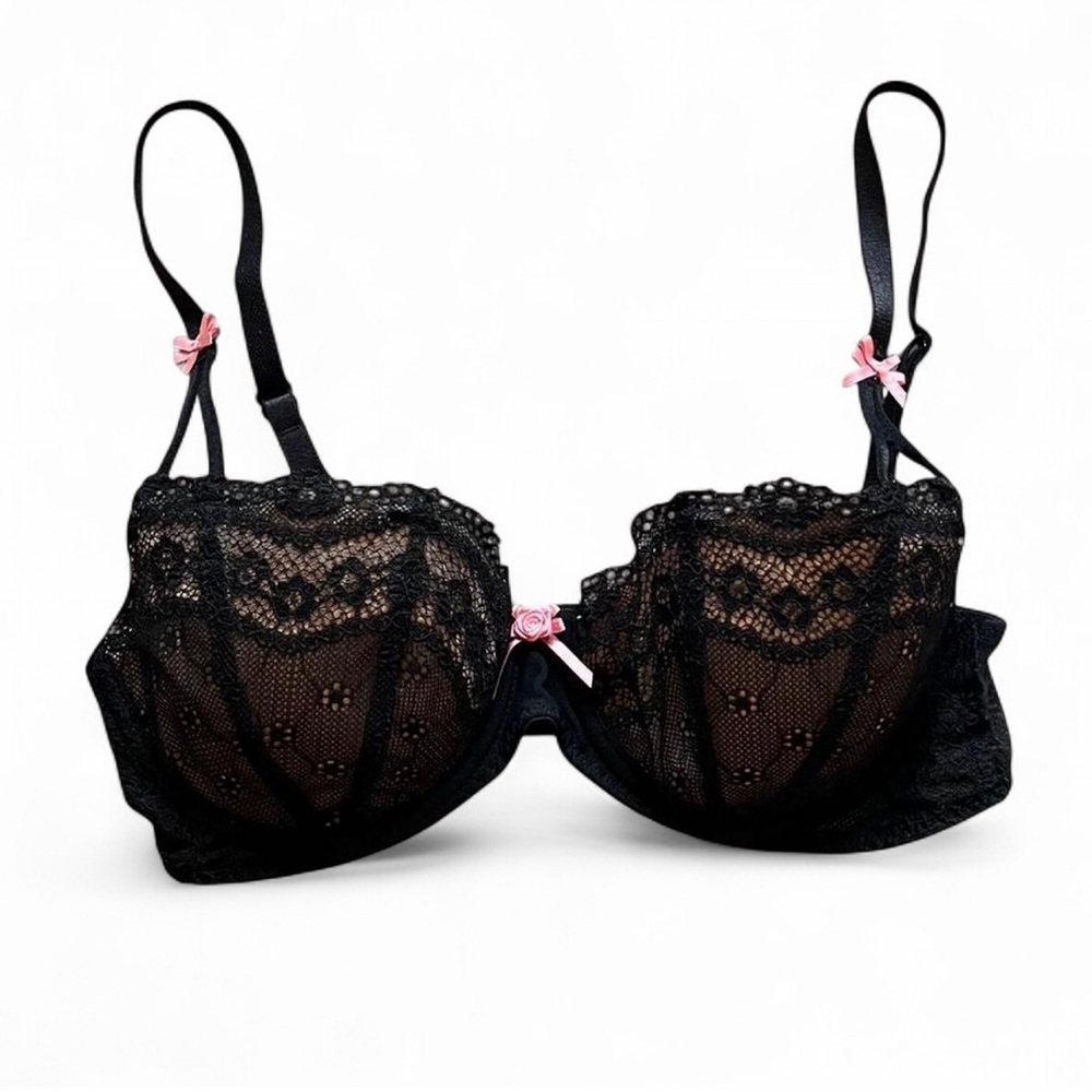 Betsey Johnson Black Lace Bra with Pink Bows